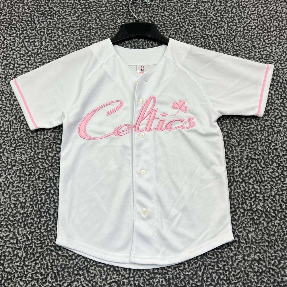 Boston Celtics‎ Jersey Shirt Kids 8/10 White Pink NBA Button Up Short Sleeve New